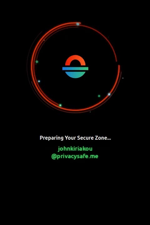 The PrivacySafe app start-up screen, showing the PrivacySafe logo above the words Preparing Your Secure Zone and the address johnkiriakou@privacysafe.me.